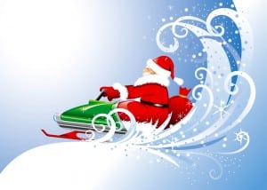 Santa Claus on a snowmobile.